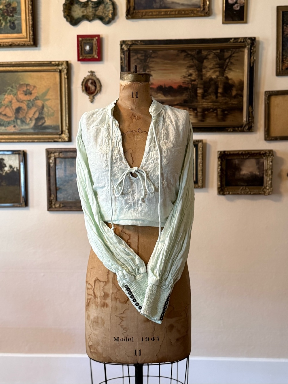 Anthropologie Mint Embroidered Linen Peasant Blouse